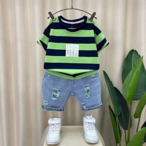 Boys' Striped Polo & Denim Shorts Set