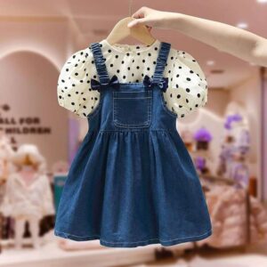 Girls' Navy Pinafore & Dotted Blouse Set